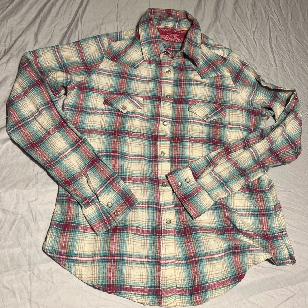 Rustic Outfitters Aqua/Pink Flannel Shirt with Pearl Snap Buttons Size XL